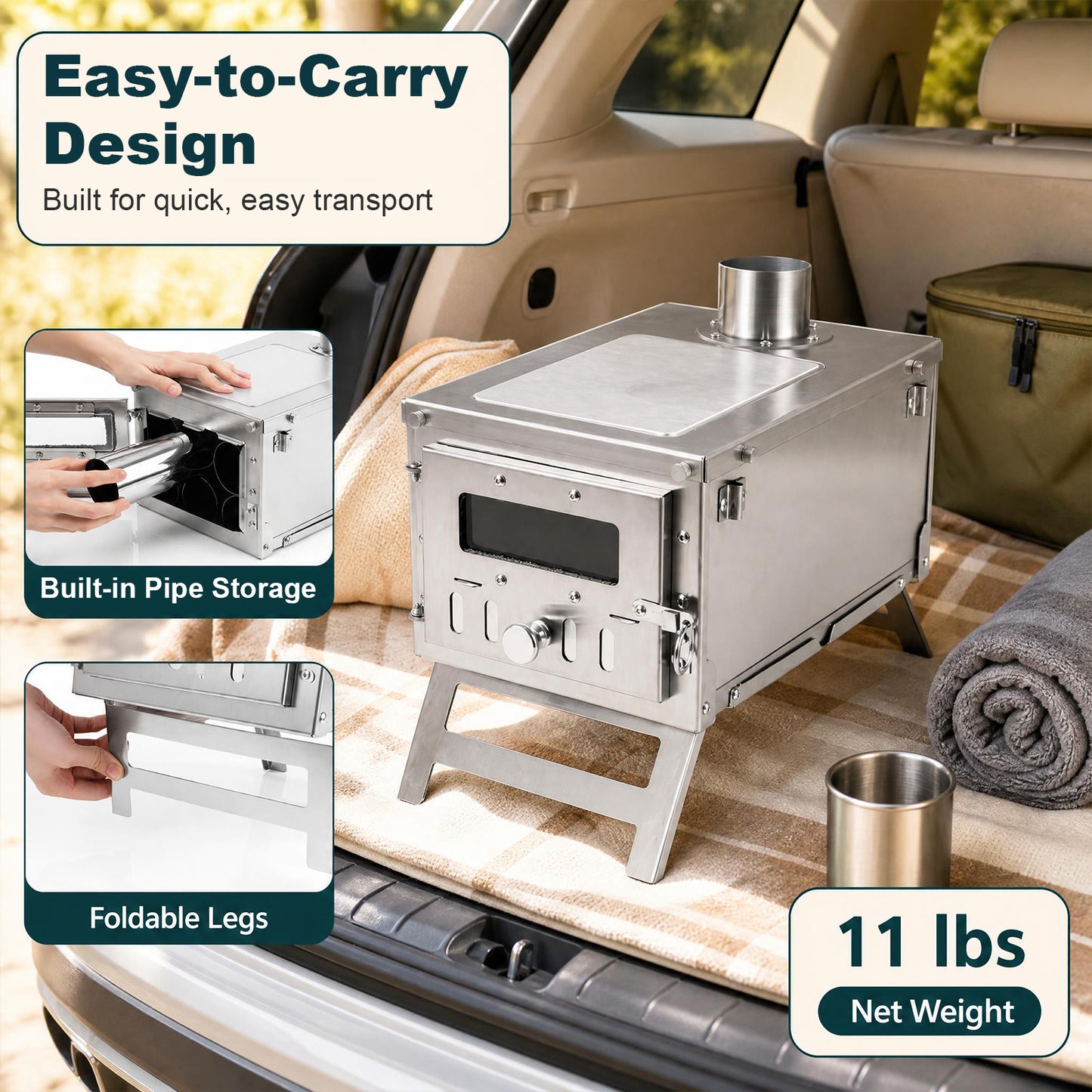 Patiojoy Portable Hot Tent Stove, Wood Burning Stove With 7 Chimney Pipes & Spark Arrestor Stainless Steel