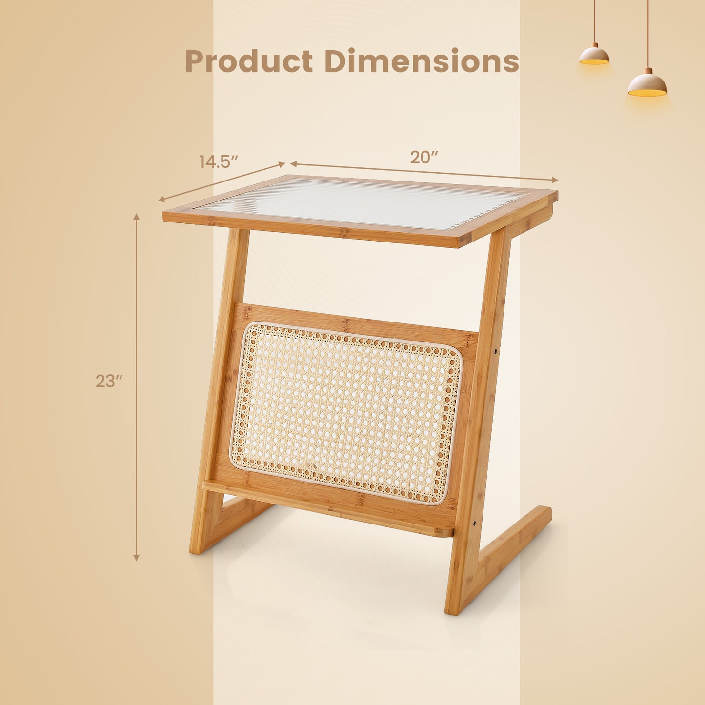 Patiojoy Z-shaped Side Table with Rattan Shelf Glass Top End Table with Magazine Rack Space-saving Sofa Side Bedside Table