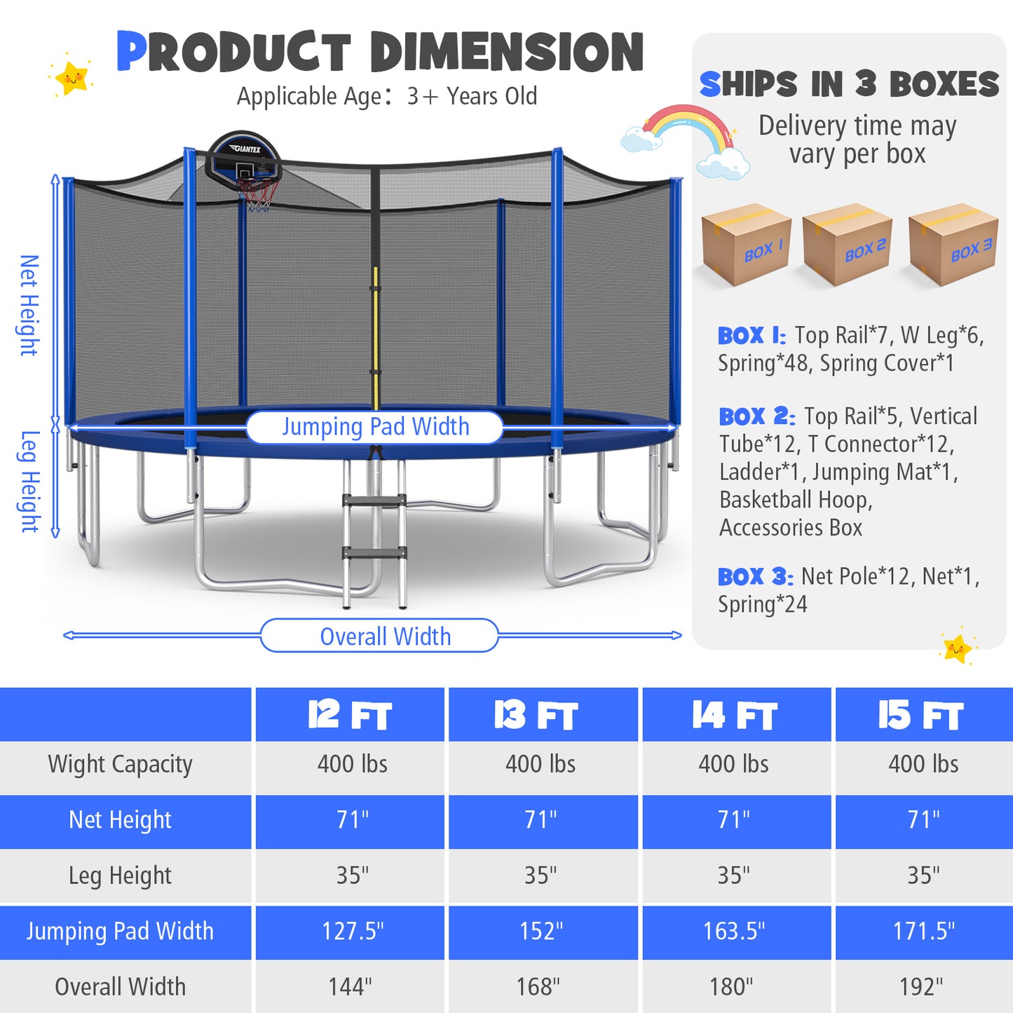 Patiojoy Trampoline with Basketball Hoop Outdoor Recreational Trampoline with Enclosure Net and Ladder