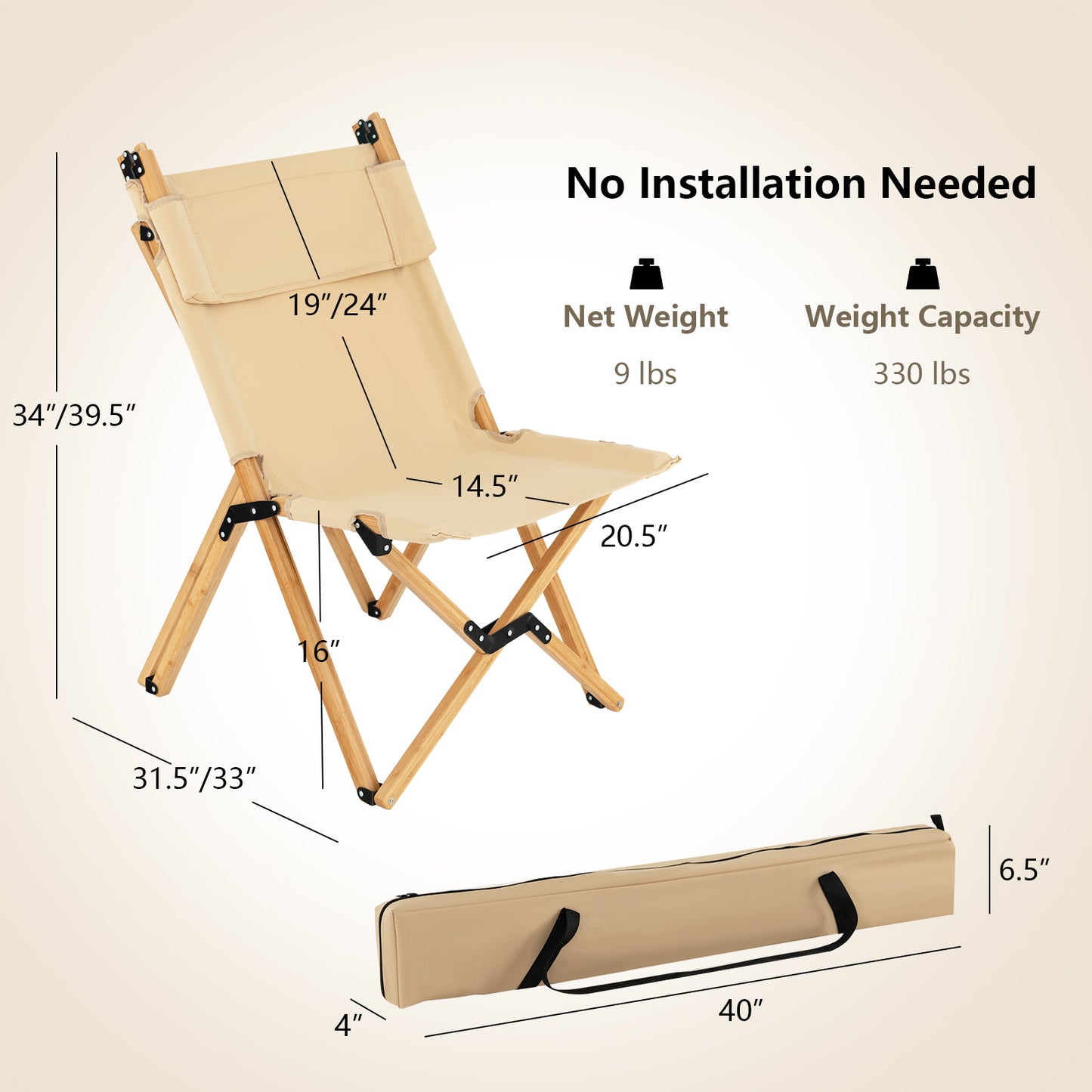 Patiojoy Folding Camping Chair Bamboo Wood Beach Chair with Breathable Canvas and 2-Level Adjustable Backrest with Carrying Bag
