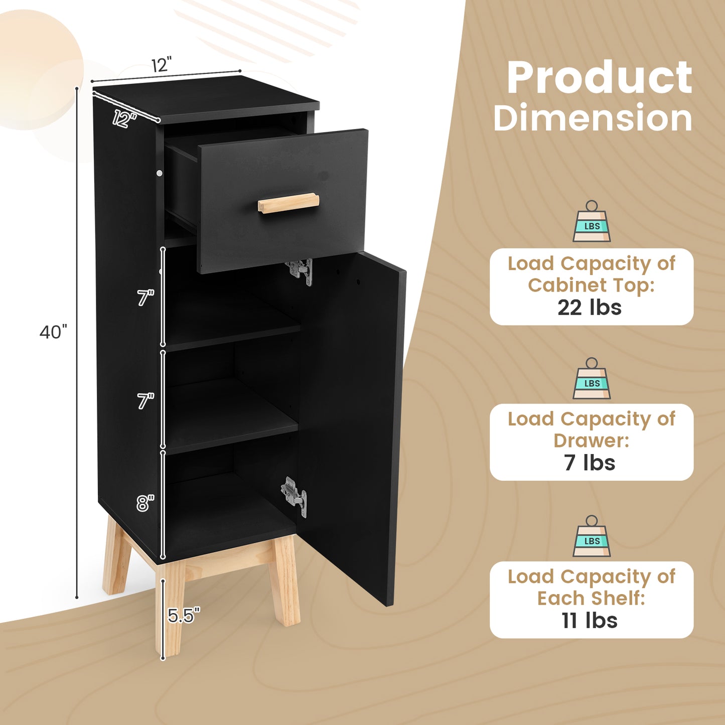 Patiojoy Narrow Bathroom Storage Cabinet Freestanding Side Storage Organizer with Adjustable Shelves Drawer and Pine Wood Legs