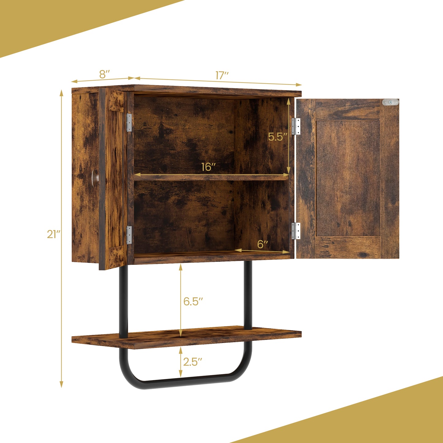 Patiojoy Bathroom Wall Cabinet Wall-Mounted Medicine Cabinet with Double Doors Open Shelf and Towel Rack