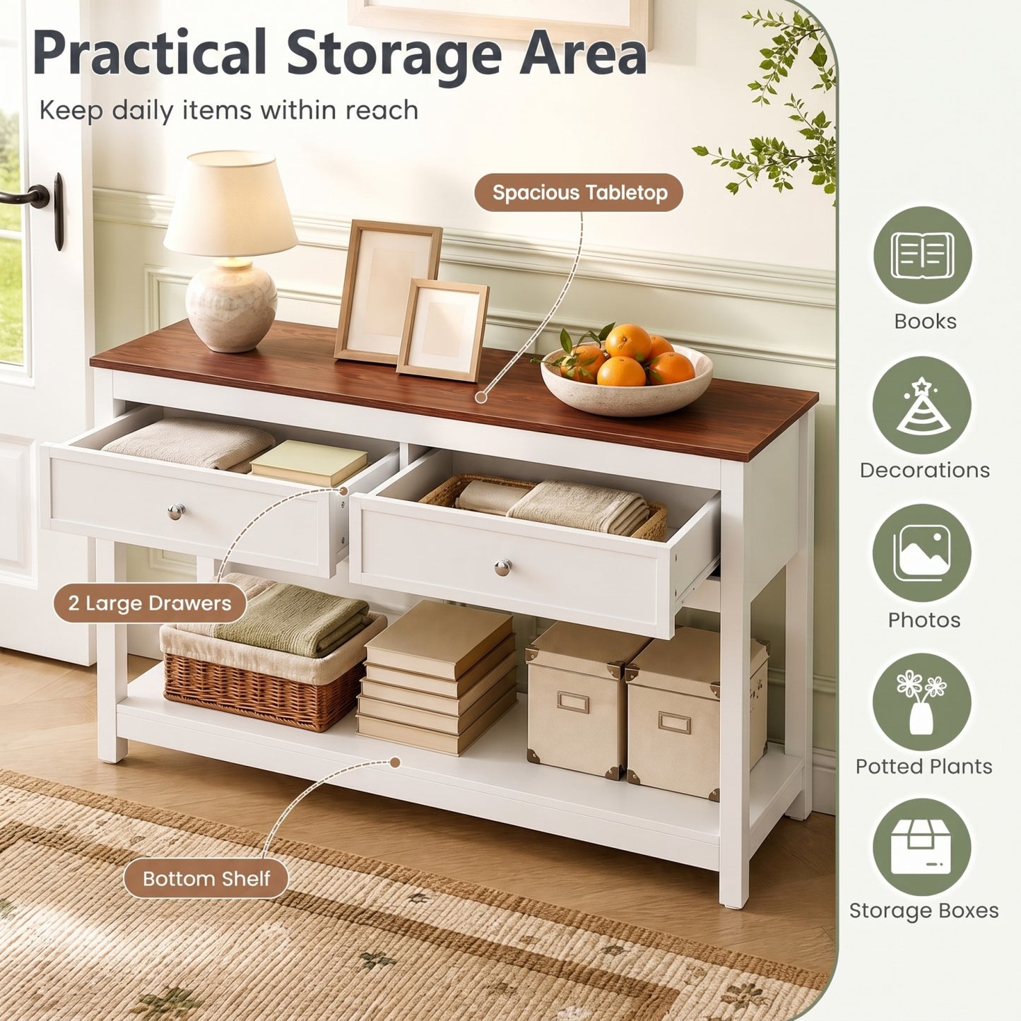 Patiojoy Farmhouse Entryway Console Table Narrow Wood Sofa Table with 2 Drawers and Storage Shelf Heavy-Duty Behind the Couch Table for Living Room Hallway