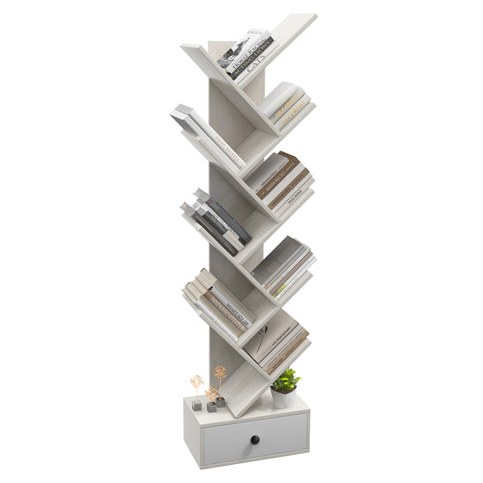 Patiojoy 10-tier Tree-shaped Bookshelf with Drawer Wood Bookshelf with 10 Compartments Home Organizer Display Shelf