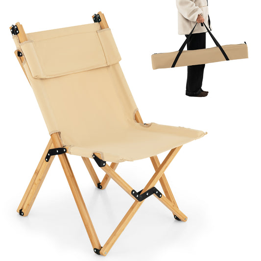 Patiojoy Folding Camping Chair Bamboo Wood Beach Chair with Breathable Canvas and 2-Level Adjustable Backrest with Carrying Bag
