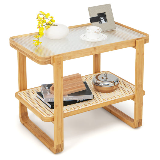 Patiojoy 2-tier Bamboo Side Table with Glass Top End Table with PE Rattan Shelf Home Sofa Side Table with Storage Nightstand Bedside Table