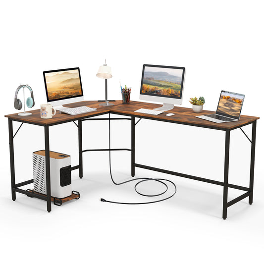 Patiojoy L-Shaped Desk with Power Outlet Computer Corner Desk with CPU Stand and Heavy-Duty Metal Frame