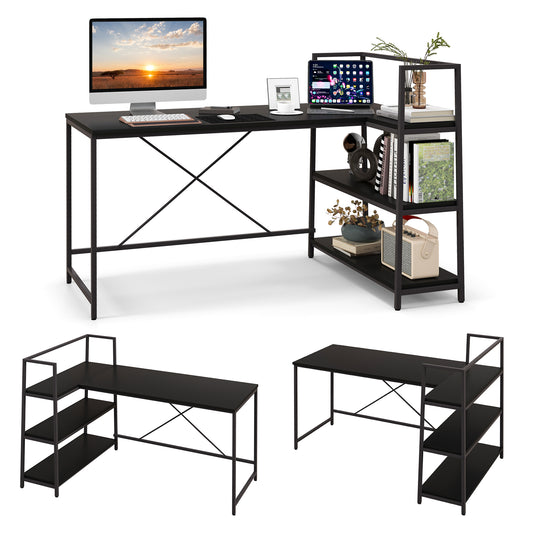 Patiojoy L-Shaped Computer Desk Large Reversible Corner Desk with Open Storage Shelves PC Laptop Gaming Desk