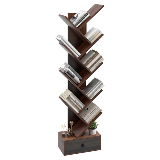 Patiojoy 10-tier Tree-shaped Bookshelf with Drawer Wood Bookshelf with 10 Compartments Home Organizer Display Shelf