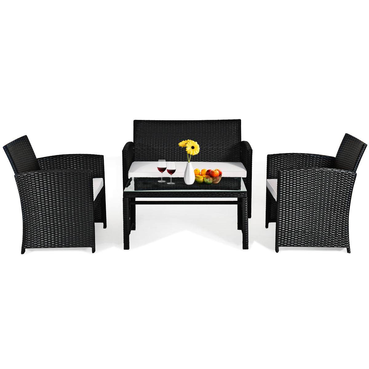 Patiojoy 4 Pieces Patio Rattan Conversation Set Wicker Cushioned Sofa Table