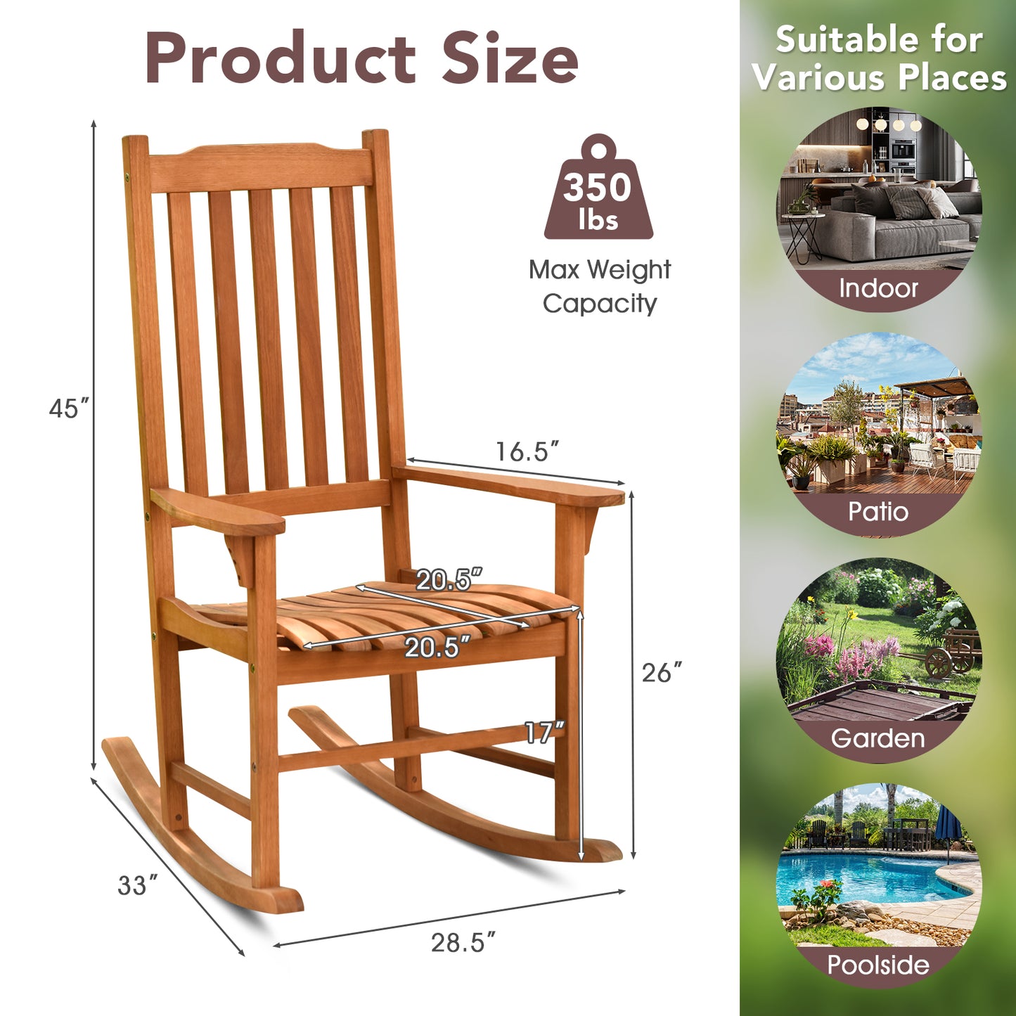 Patiojoy Outdoor Single Rocking Chair Wooden Patio Rocker Chair Natural Wood