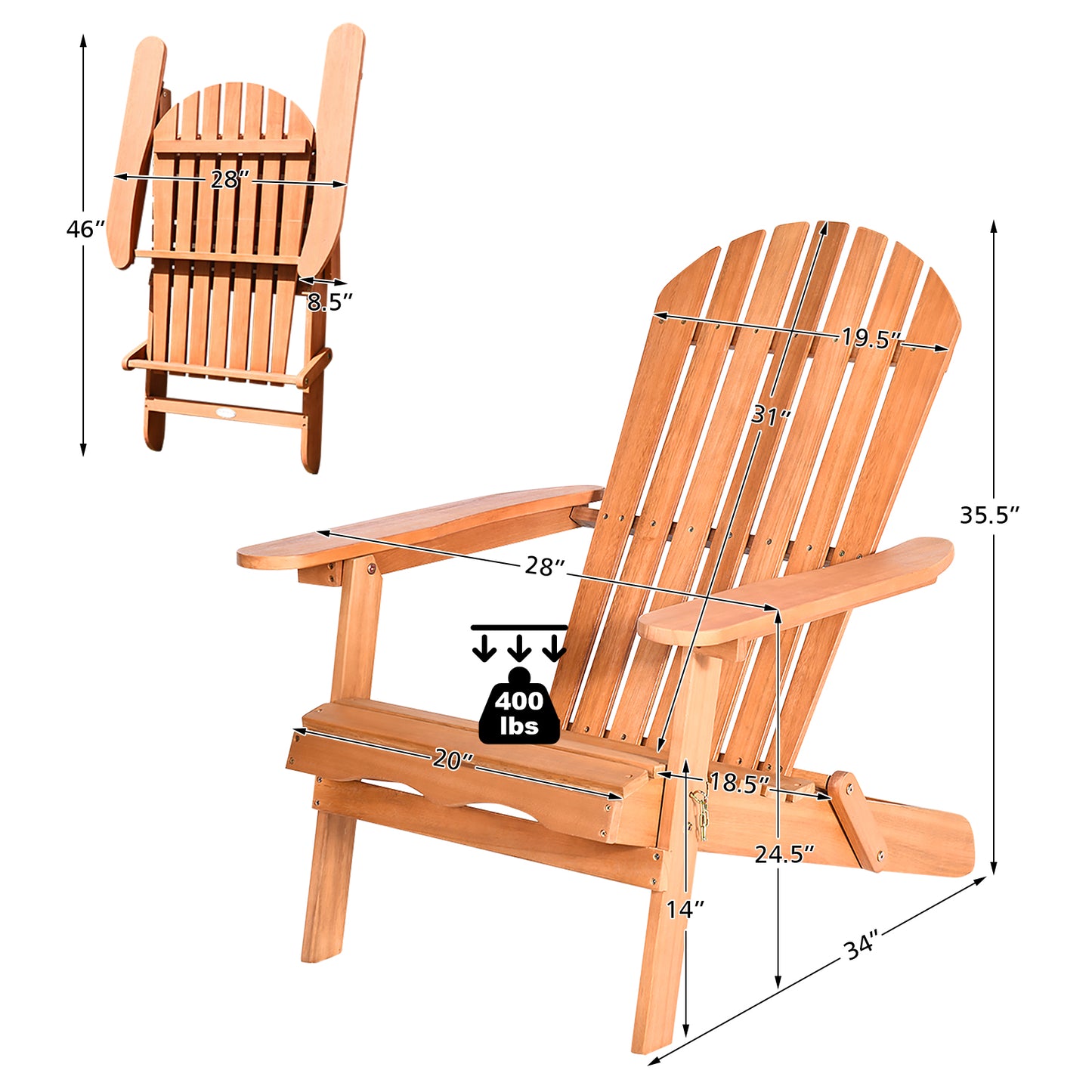 Patiojoy Outdoor Foldable Adirondack Chair Patio Recliner Eucalyptu