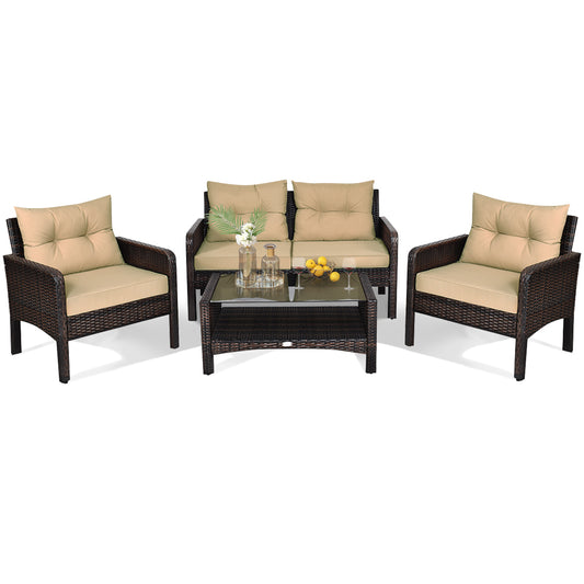 Patiojoy 4 PCS Outdoor Patio Rattan Furniture Garden Lawn Cushioned Sofa Set