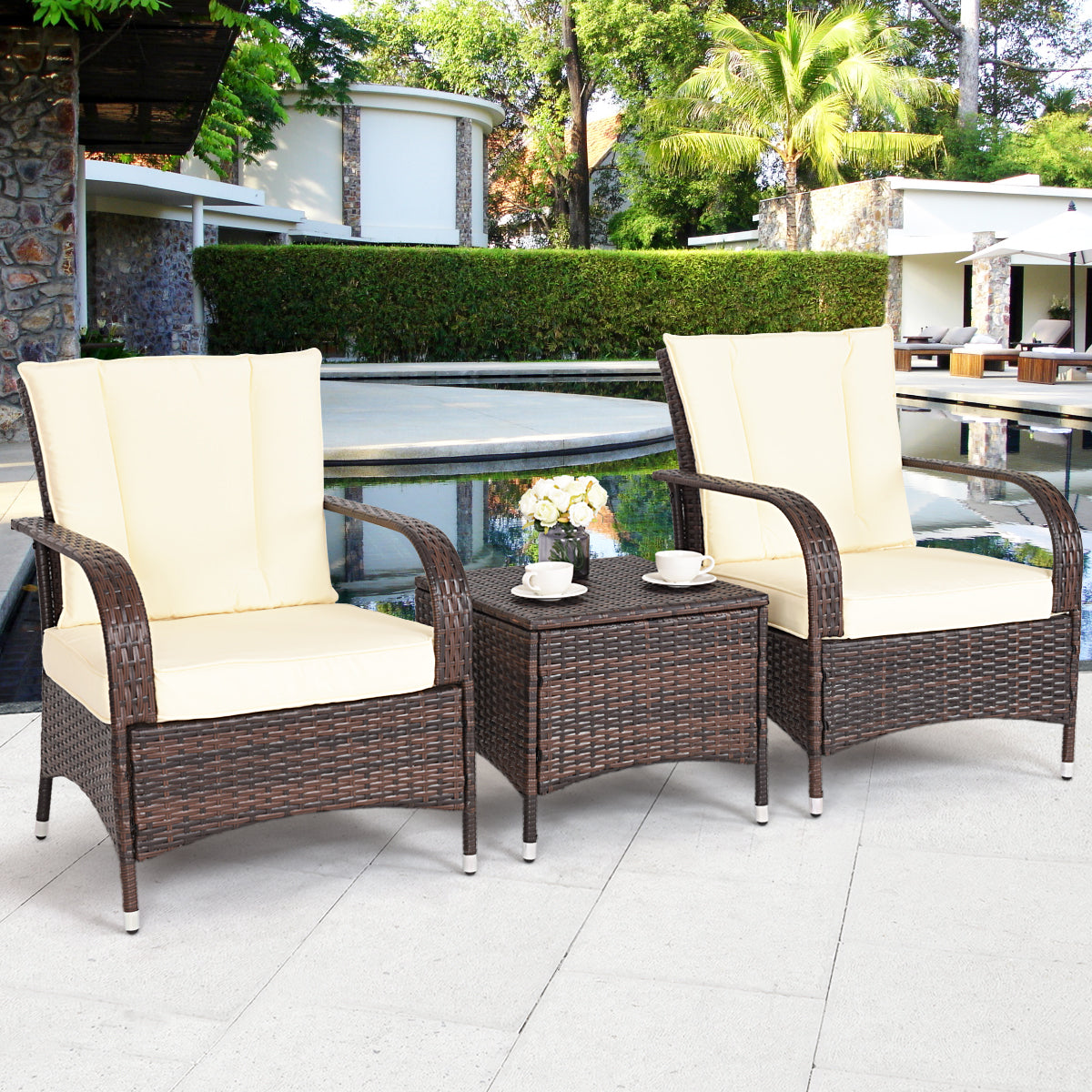 Patiojoy 3 PCS Outdoor Patio Rattan Conversation Set Garden Lawn