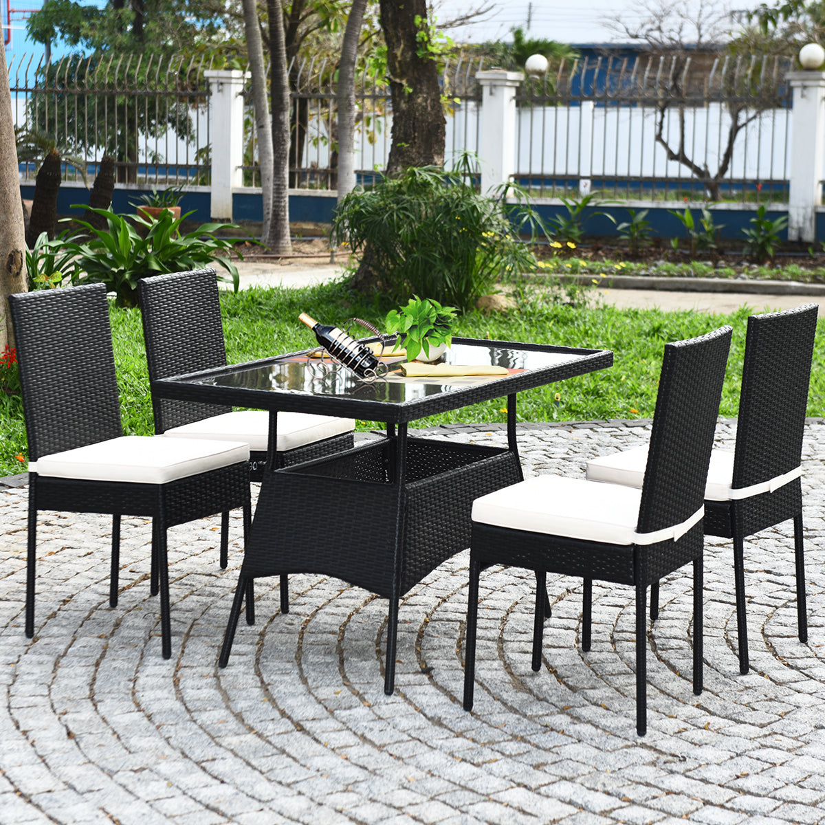 Patiojoy 5 PCS Patio Dining Set Rattan Wicker Chairs and Table W/ Glass Top
