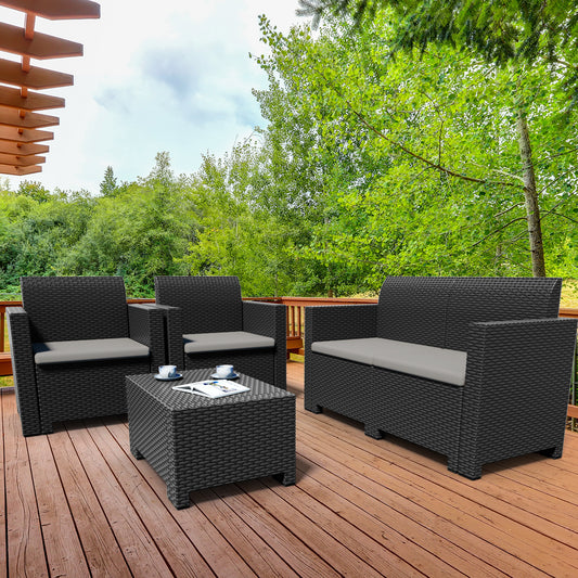 Patiojoy 4 PCS Outdoor Patio Rattan Cushioned Sectional Set Made in Italy Grey