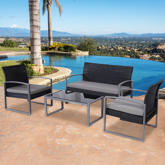 Patiojoy Outdoor Wicker 4 Pieces Conversation Set PE Rattan Chairs and Table