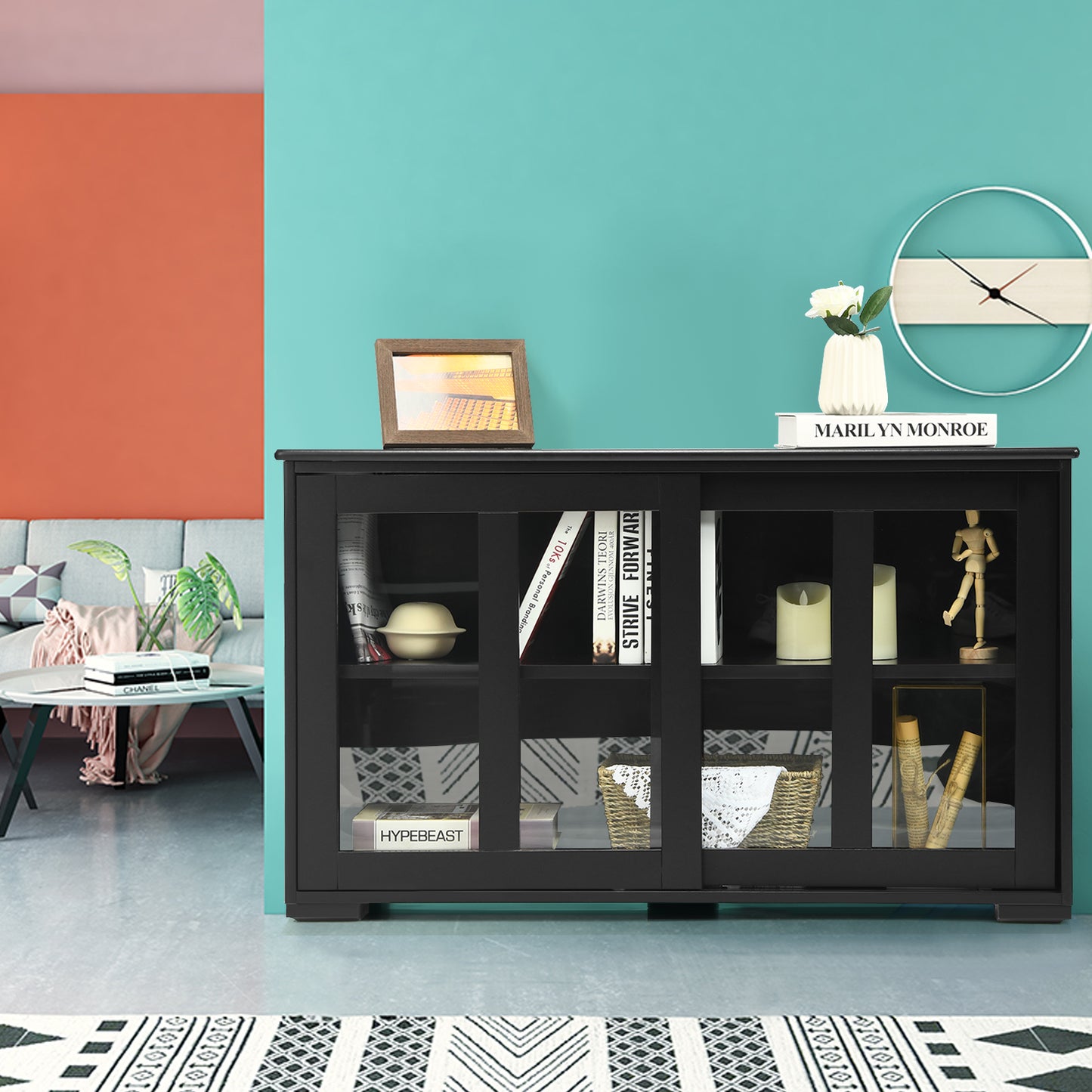 Topbuy Wooden Buffet Cupboard Kitchen Storage Sideboard Glass Sliding Door Antique
