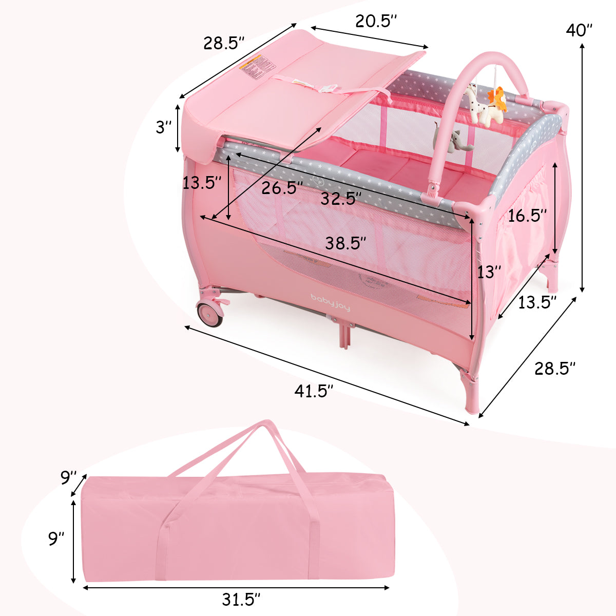 Topbuy 3 in 1 Foldable Baby Playard Changing Table& Nursery Center with Bassinet Pink