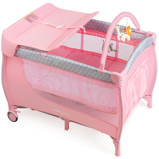 Topbuy 3 in 1 Foldable Baby Playard Changing Table& Nursery Center with Bassinet Pink