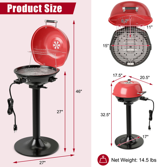 Topbuy Electric BBQ Grill Portable Standing Grill with Removable Non-Stick Warming Rack Adjustable Temperature 1600 Watts Grill for Indoor & Outdoor Use Red