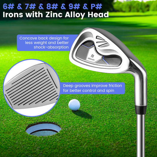 Topbuy Men’s 9 Pieces Complete Golf Club Set Includes 460cc Alloy Driver 3# Fairway Wood 4# Hybrid 6# 7# 8# 9# & P# Irons Grey/Navy