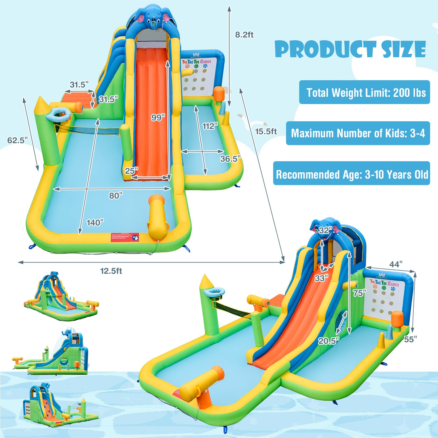 Topbuy Inflatable Water Slide 9-in-1 Blow-up Water Park for Kids with Splash Pool Climbing Wall Water Guns Basketball Toss with 950W Blower