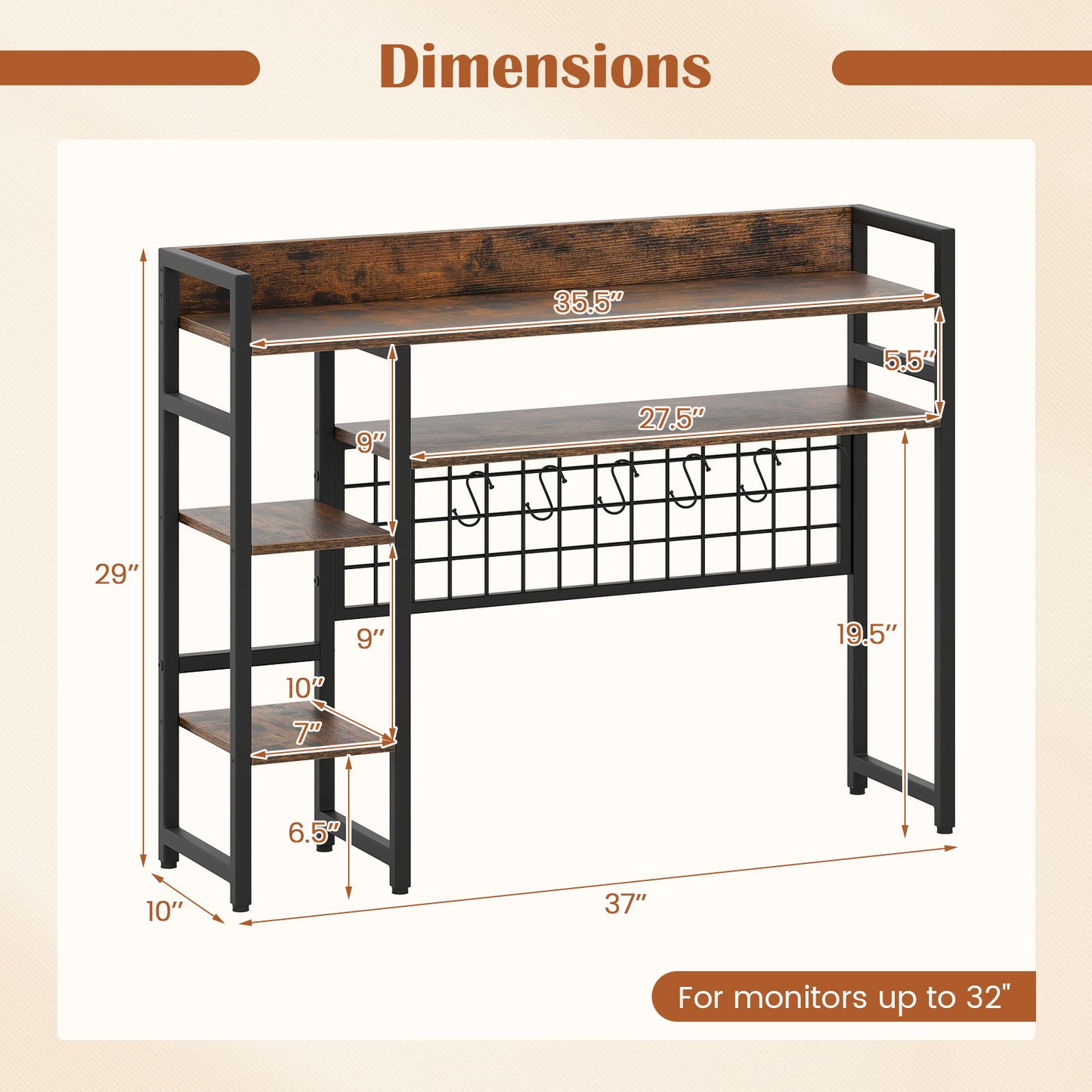 Topbuy Desk Shelf w/ Storage Grid, Multipurpose Countertop Hutch for up to 32" Computer Monitors Rustic Brown/Black/Natural