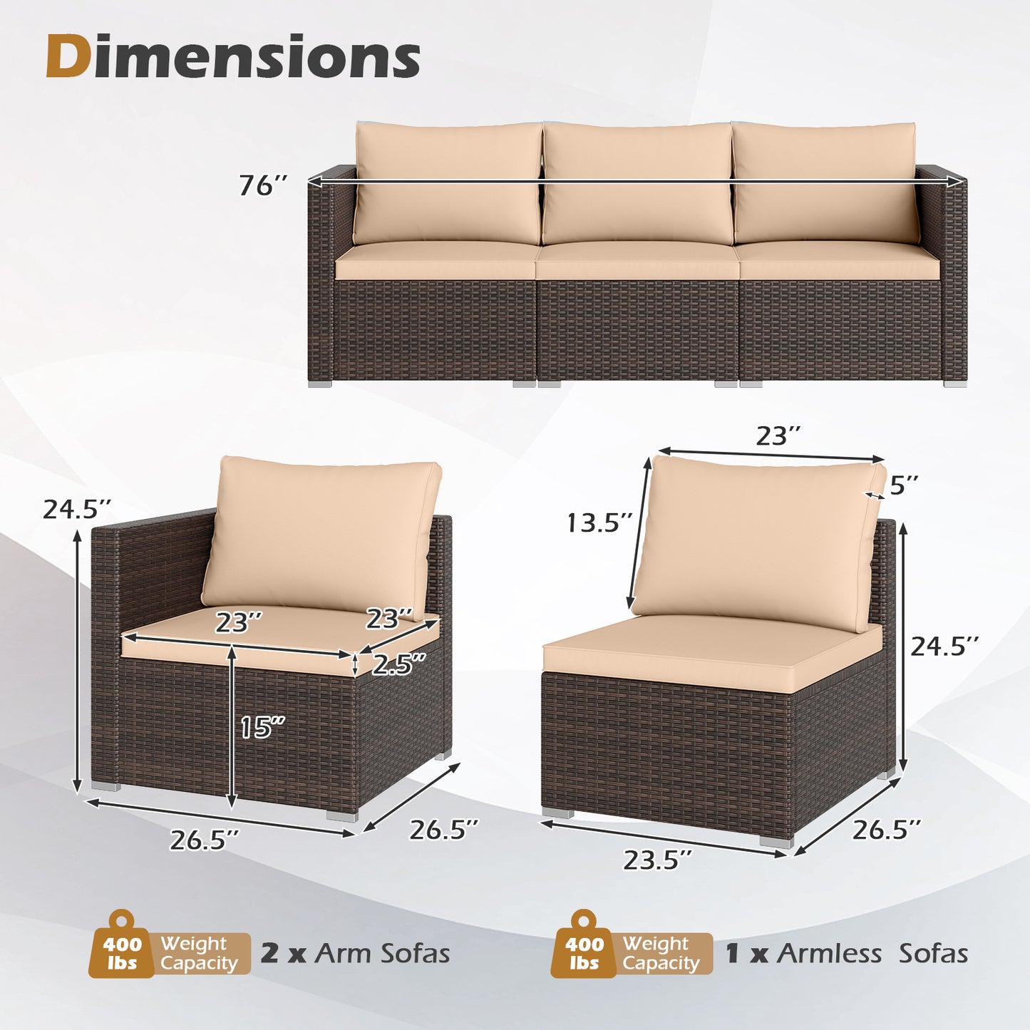 Patiojoy 3-Piece Outdoor Wicker Sectional Sofa Set PE Rattan Modular Couch with Thick Cushions Beige/Grey/Navy