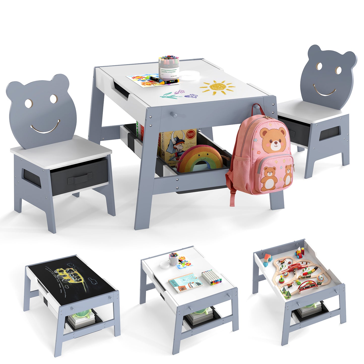Patiojoy Toddler Table & 2 Chairs 5-in-1 Cute Art Desk Set w/ Reversible Chalkboard/Whiteboard Top Gray/Natural