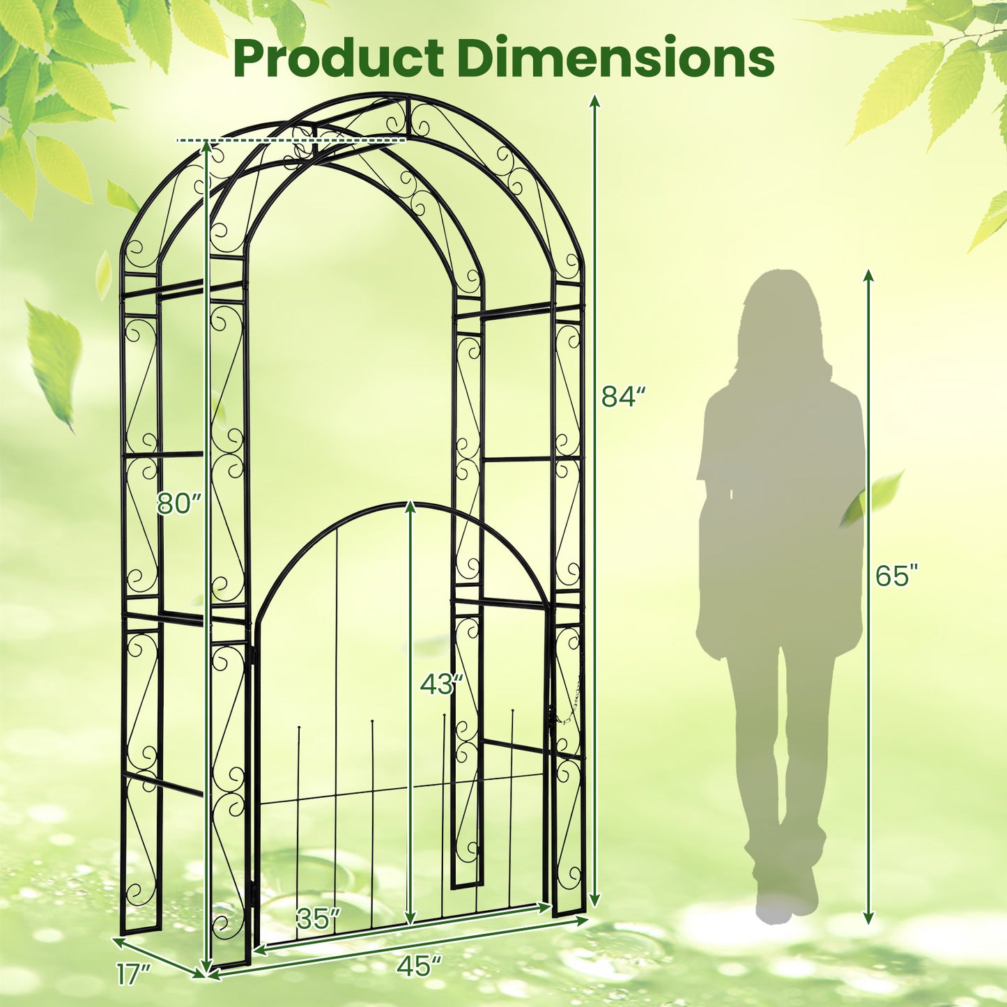 Patiojoy 84" Tall Garden Arbor with Gate Heavy-duty Metal Arch Trellis for Climbing Plants Vines Roses