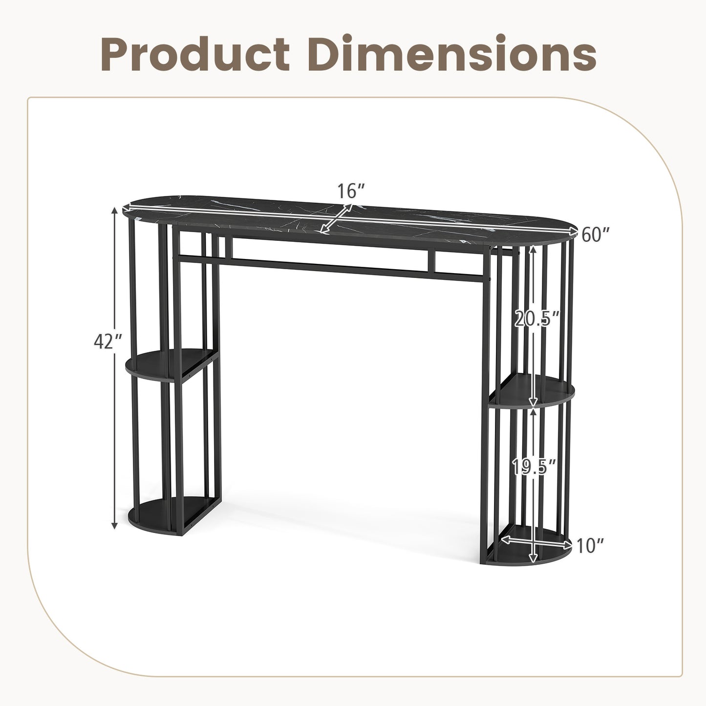 Patiojoy Bar Table 60-Inch Long Pub Rectangular High Top Pub Table with 4 Storage Shelves and Faux Marble Tabletop Black/White