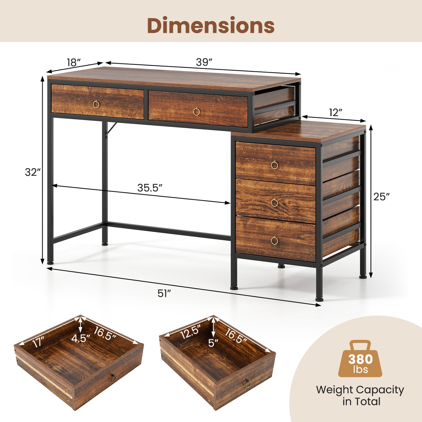Patiojoy Computer Desk with 5 Drawers Home Office Desk with File Cabinet Printer Stand Rustic Brown/Grey