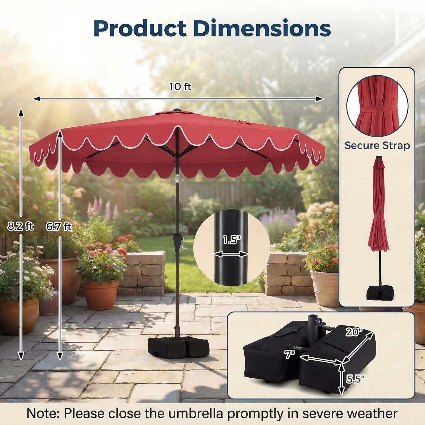 Patiojoy 10 FT Patio Umbrella with Weighted Base Included Outdoor Market Umbrella with Push Button Tilt & Crank Wine Red/Beige/Brown/Gray/Turquoise
