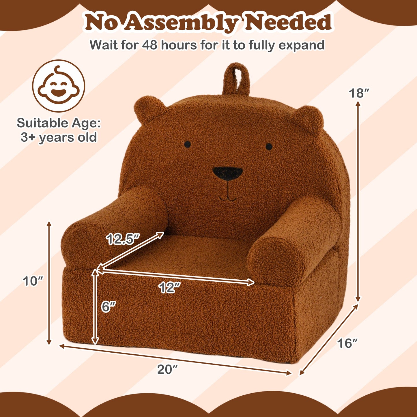 Patiojoy Kids Bear Sofa Toddler Foam Couch with Soft Fleece Fabric Cover Cute Reading Chair for Children Brown/Gray/Navy/Pink