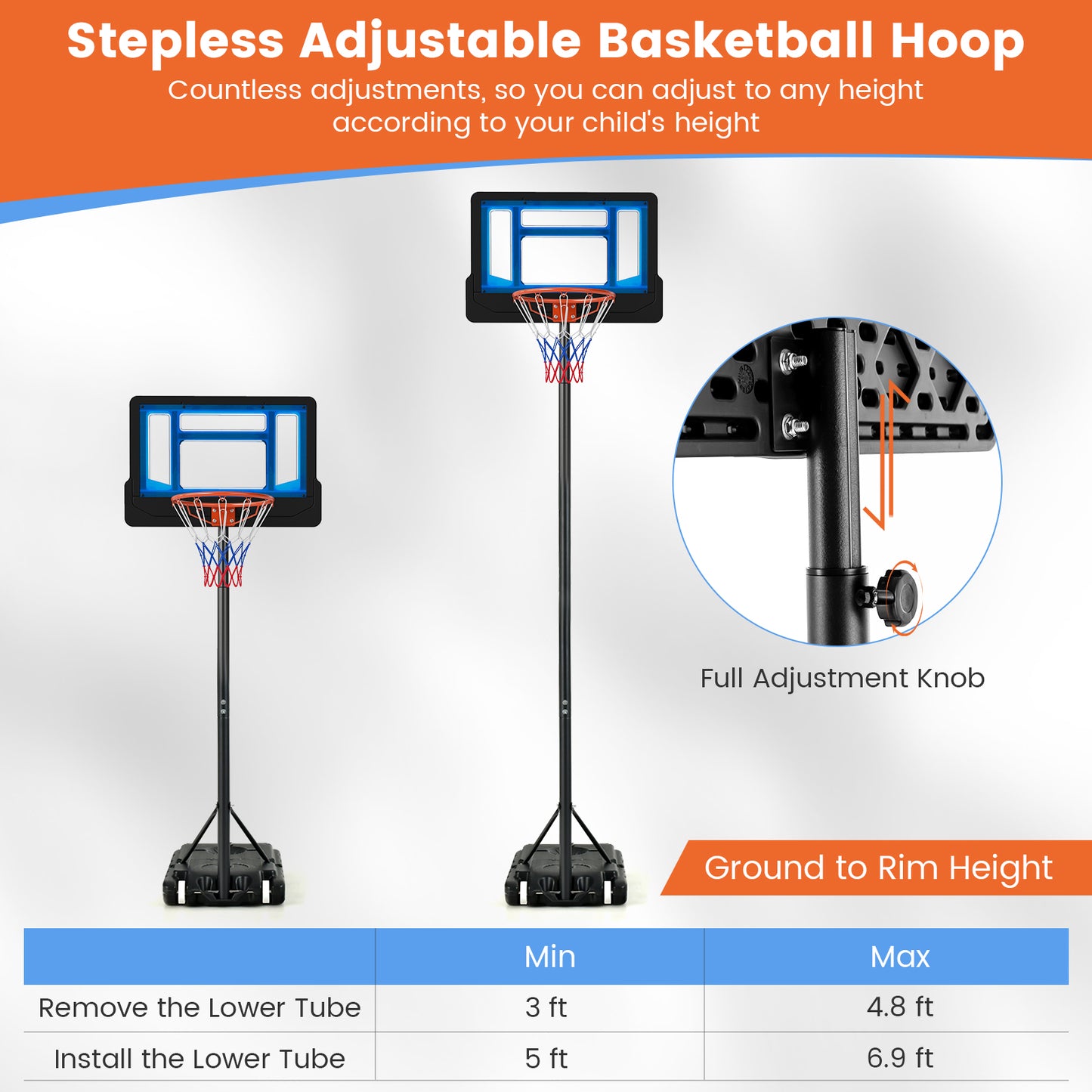 Patiojoy Basketball Hoop Portable Basketball Stand with Rolling Wheels 4.3-8.2FT Adjustable Height PE Backboard Fillable Base Blue