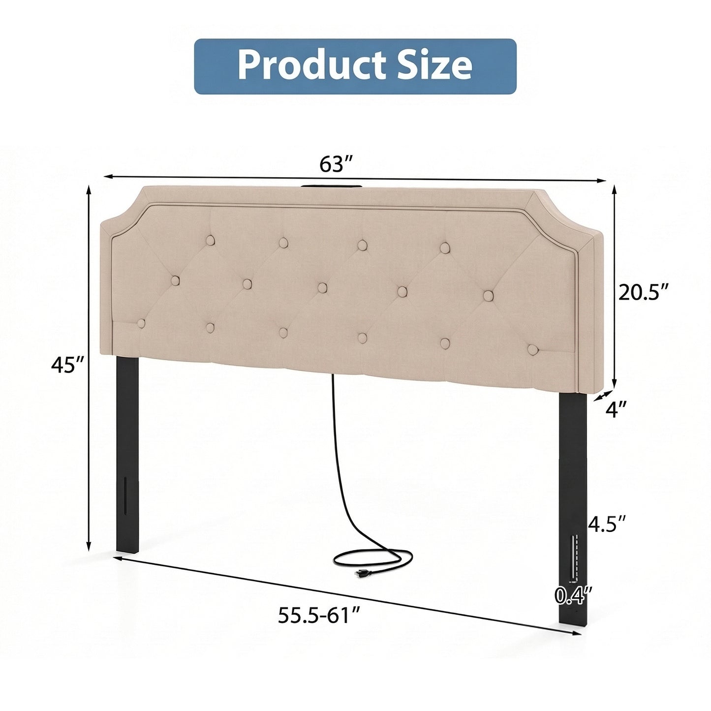 Patiojoy Queen/Full Adjustable Upholstered Headboard Only Modern Tufted Headboard with Charging Station Beige/Gray