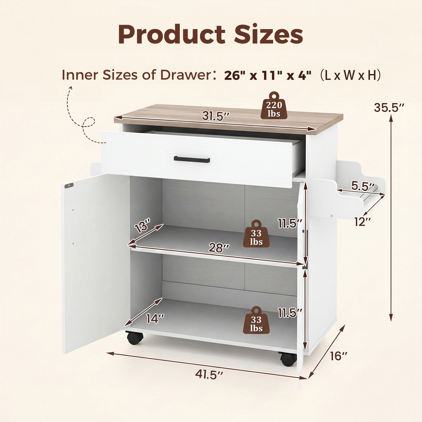 Patiojoy Rolling Kitchen Island Cart with Drawer & 2-Door Cabinet Spice Holder Towel BarLockable Wheels