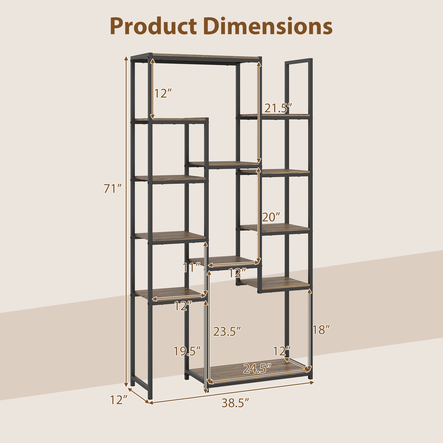Patiojoy 71" Bookshelf Set of 1/2 Industrial Bookcase with 12 Storage Shelves & Heavy-Duty Metal Frame