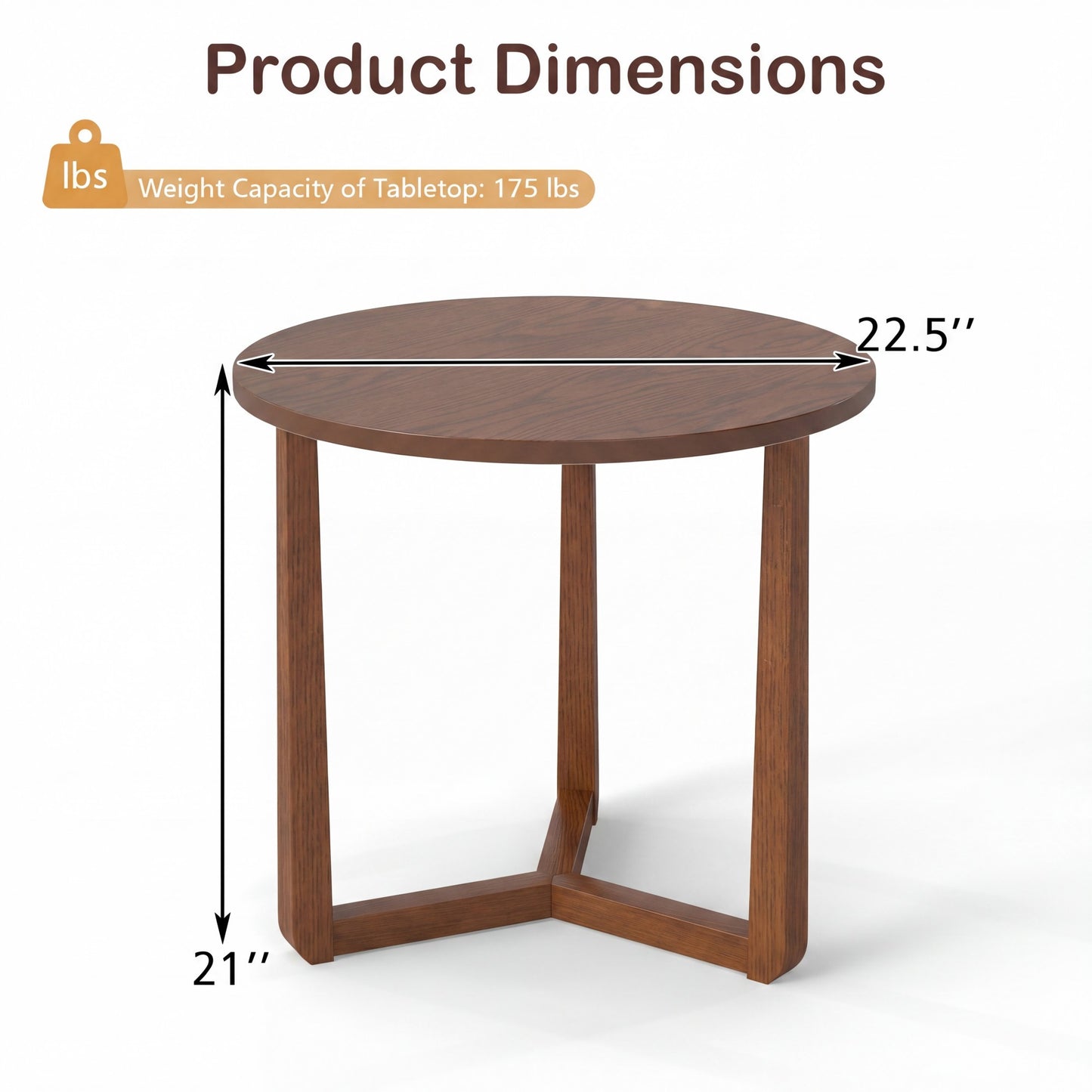 Patiojoy 22.5" Round Farmhouse Side Table Compact End Table with Rubber Wood Legs and Stable Triangular Frame