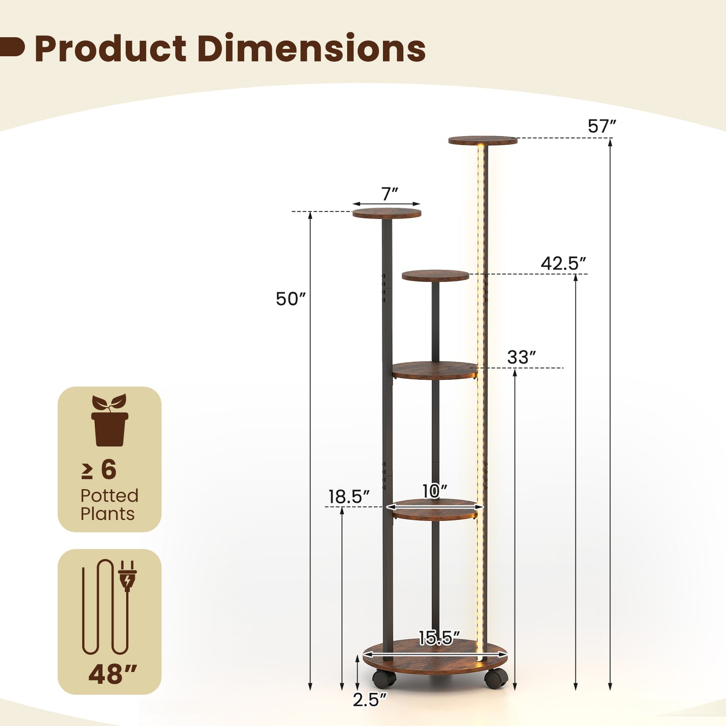 Patiojoy 6-tier Plant Stand with RGB Light & Wheels 57” Tall Indoor Display Shelf Flowerpot Holder with 20 Lighting Modes Rustic Brown/Natural