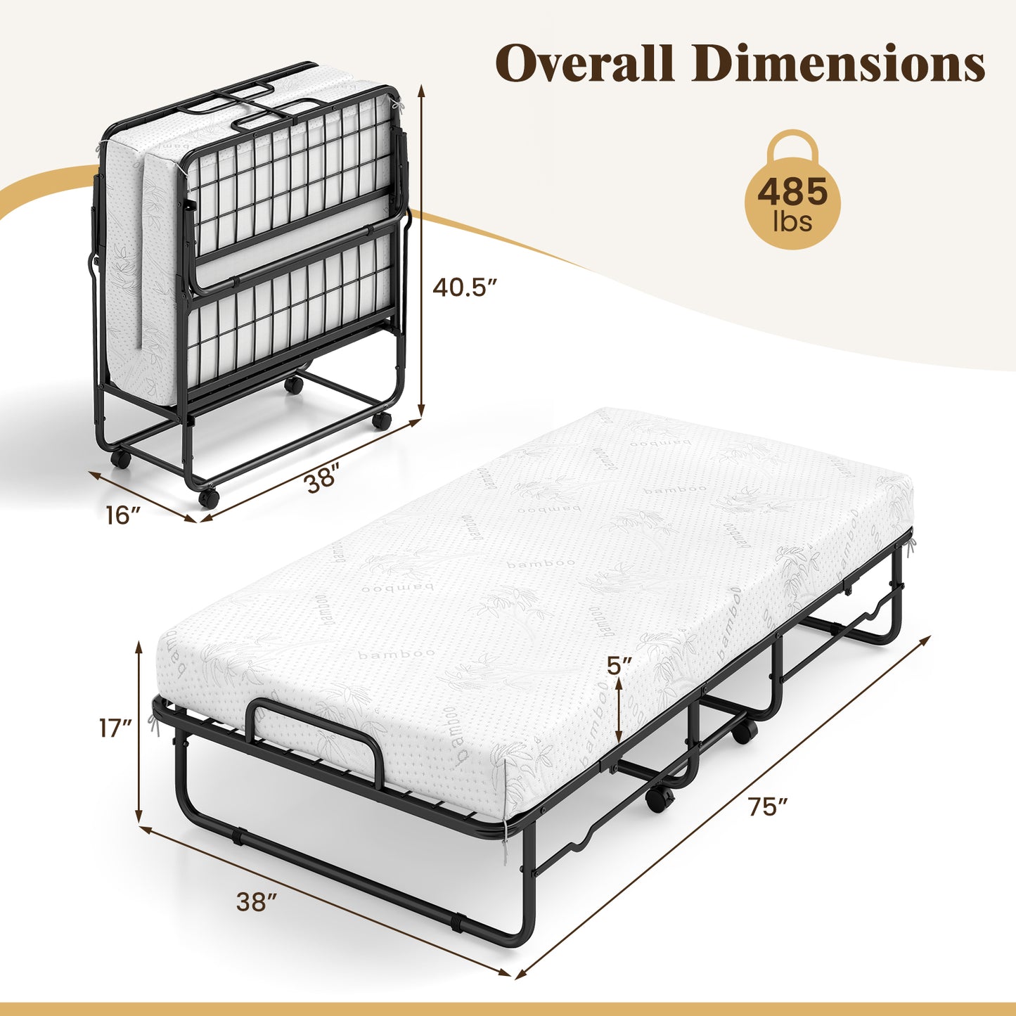 Patiojoy Folding Bed with 5-Inch Memory Foam Twin Size Rolling Guest Bed