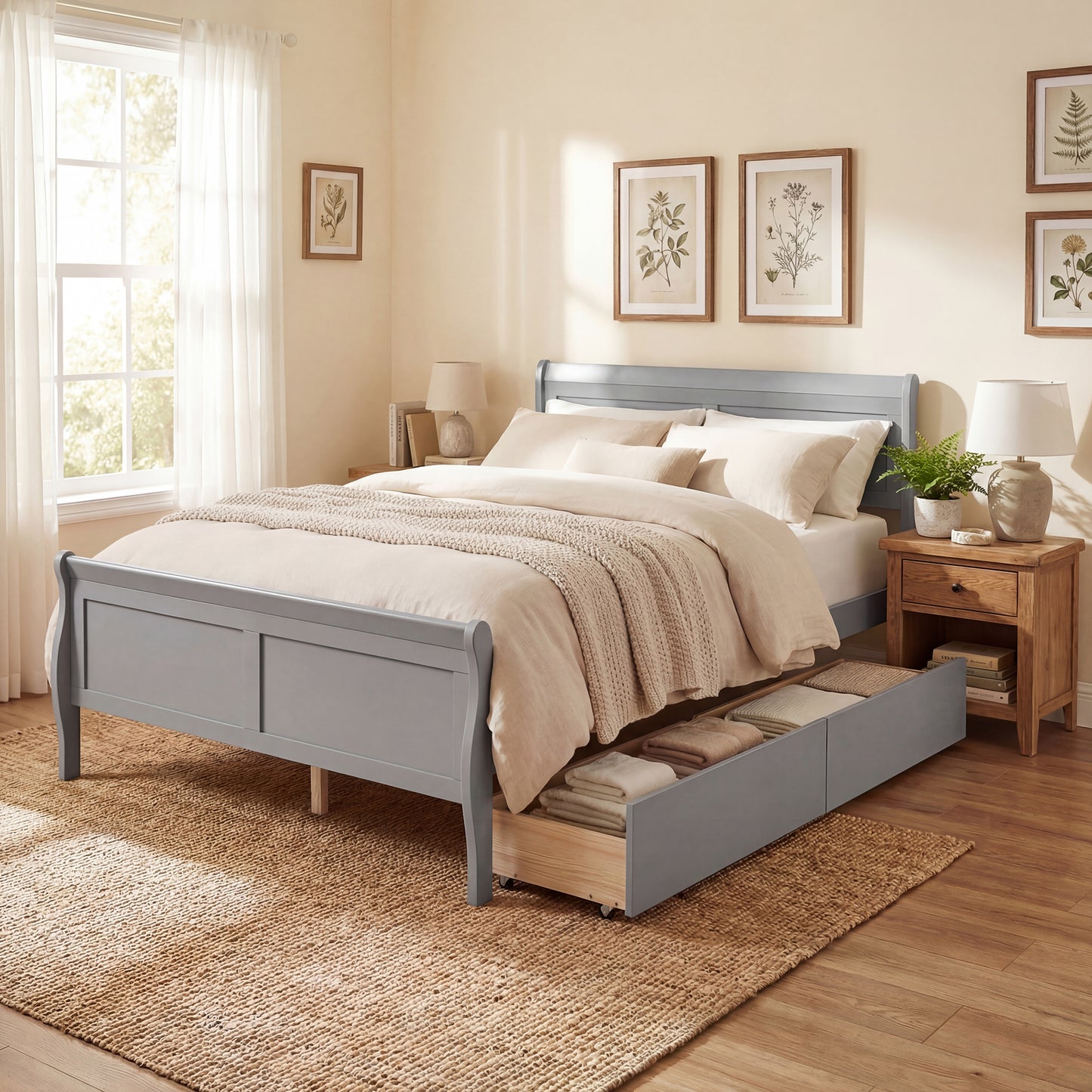 Patiojoy Full Size Bed Frame with 2 Storage Drawers Wood Sleigh Platform Bed Mattress Foundation with Headboard