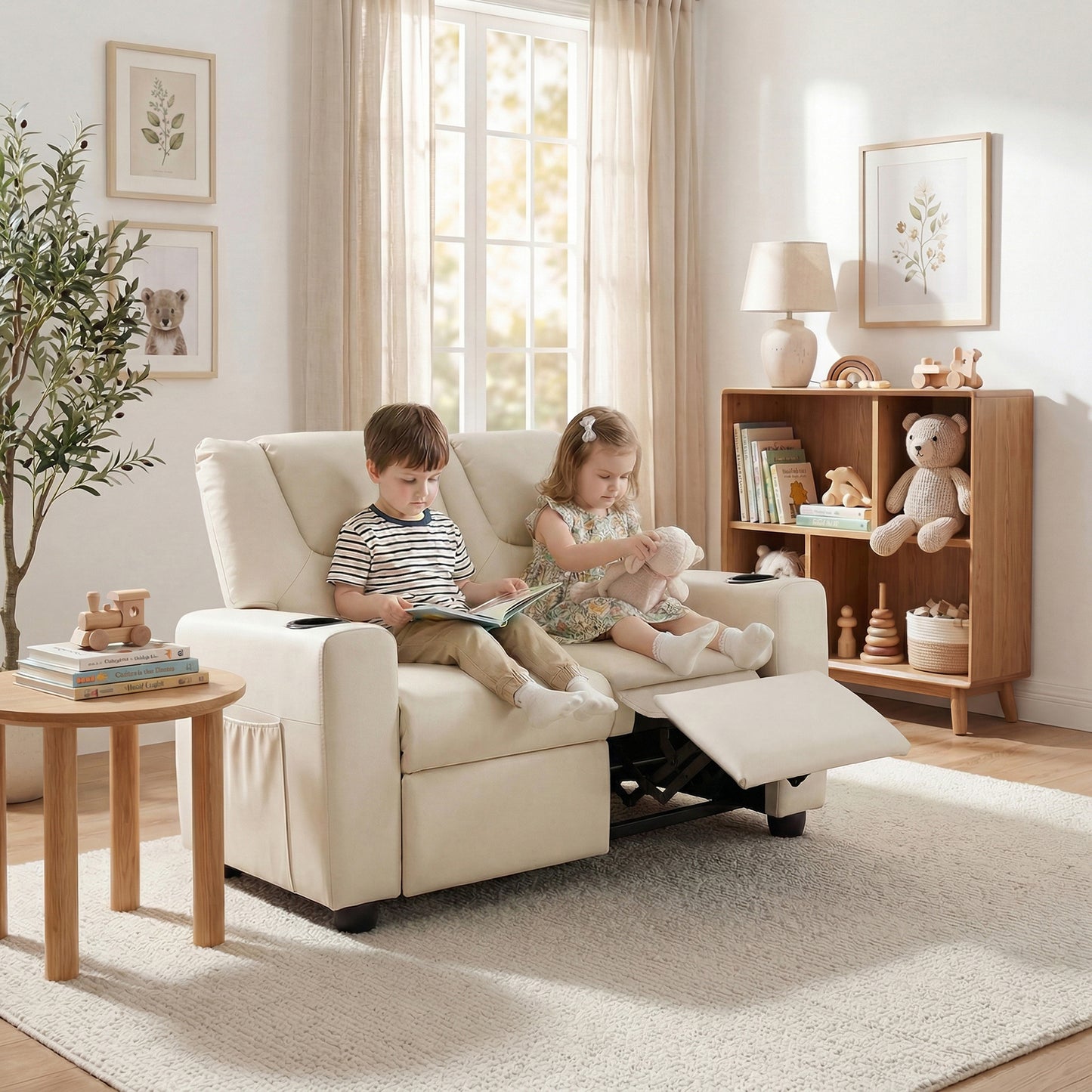 Patiojoy 2-Seater Kids Recliner Chair Double Toddler Loveseat Sofa with 2 Cup Holders and 2 Side Pockets