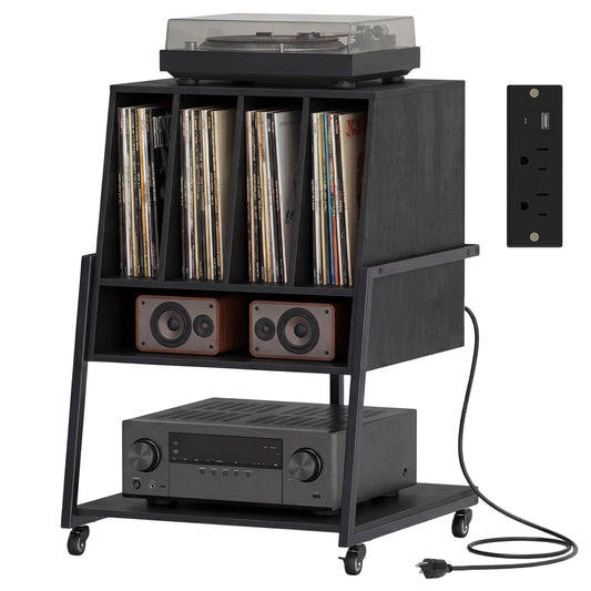 Patiojoy Record Player Stand with Charging Station Vinyl Record Storage Organizer with Dividers & Open Shelves