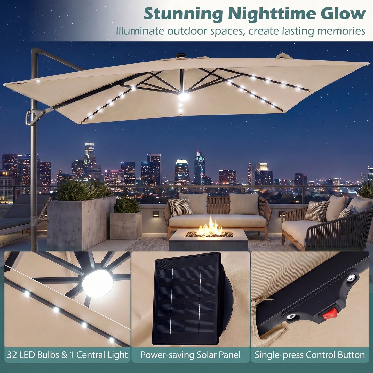 Patiojoy 10 FT Square Cantilever Patio Umbrella with Solar LED Lighting