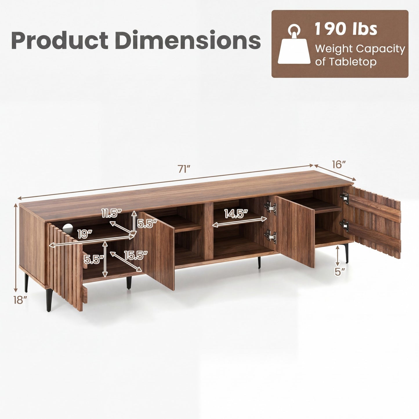 Patiojoy 4-Door TV Stand for 80 Inches TVs Mid Century Modern Entertainment Center with Adjustable Storage Shelves Walnut
