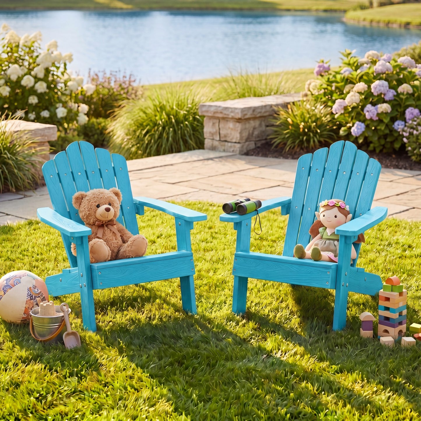 Patiojoy Adirondack Chairs for Kids Set of 2 Weather-Resistant HIPS Outdoor Chairs with Tilted High Backrest Turquoise/Brown/Pink/Red/Grey/White