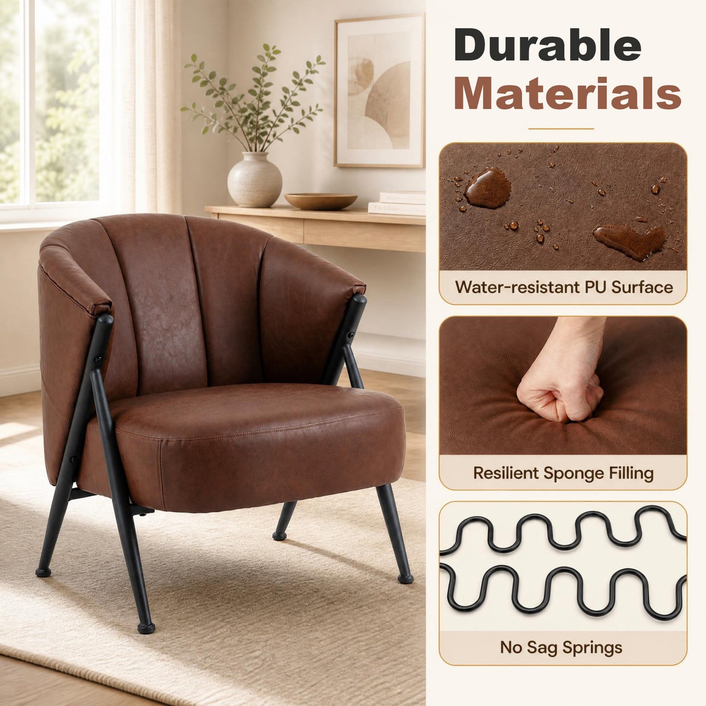 Patiojoy Accent Chair in Mid-Century Modern Style With Wide Seat and Curved Backrest Set of 1/2