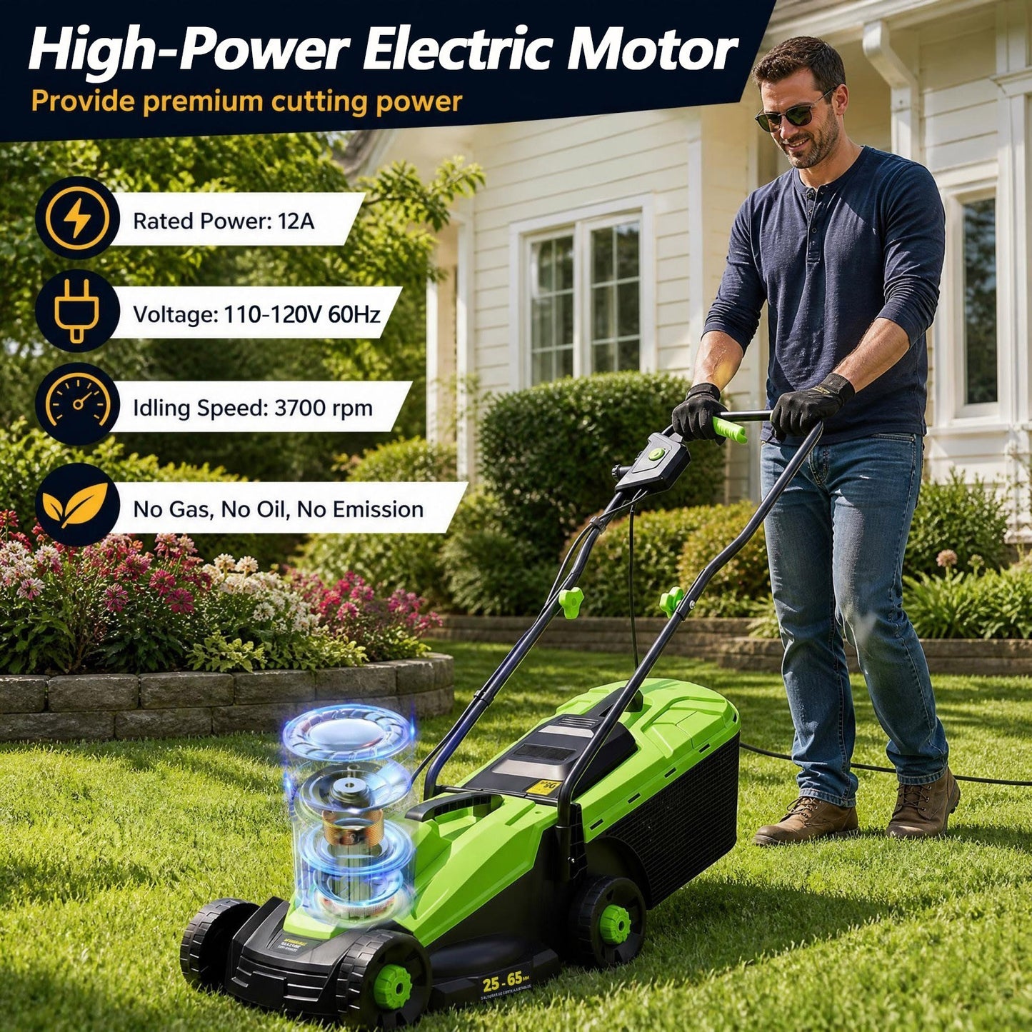 Patiojoy 12-Amp 13-Inch Corded Electric Lawn Mower With 3-Position Height Adjustment Green/Orange